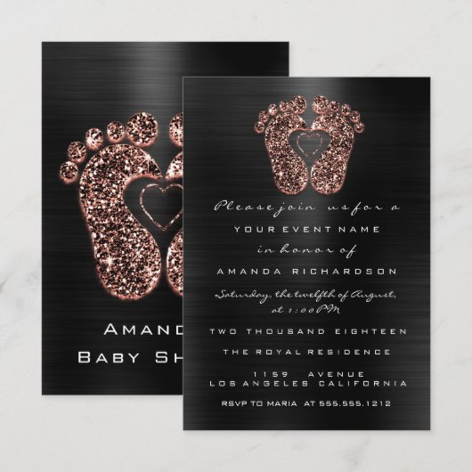 Glitter Baby shower Feet Roos Skin Black Kaart (Voorkant / Achterkant)