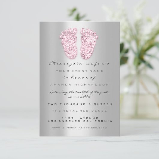 Glitter Baby shower Feet roze grijze zilver Kaart (Staand voorkant)