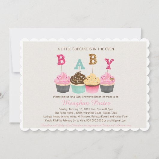 Glitter Baby shower Invitation - Cupcake Shower Kaart (Voorkant)
