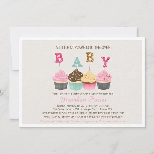 Glitter Baby shower Invitation - Cupcakes, Glitz Kaart (Voorkant)