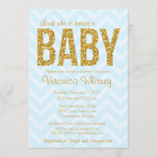 Glitter Baby shower Invitation, Gold blue Chevron Kaart