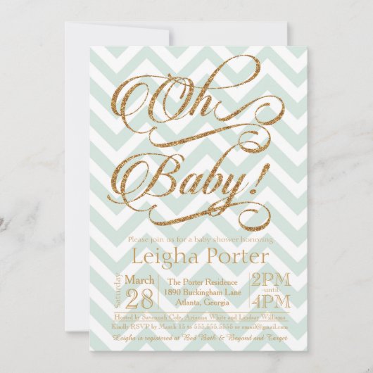Glitter Baby shower Invitation Gold Mint Chevron Kaart (Voorkant)