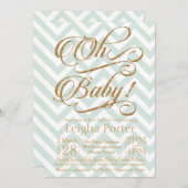 Glitter Baby shower Invitation Gold Mint Chevron Kaart (Voorkant / Achterkant)