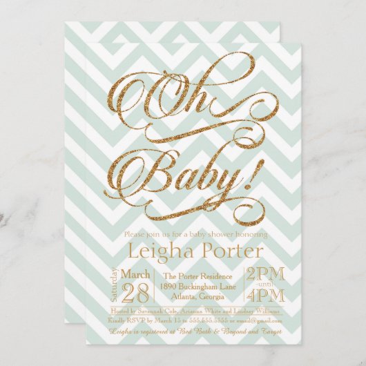 Glitter Baby shower Invitation Gold Mint Chevron Kaart (Voorkant / Achterkant)