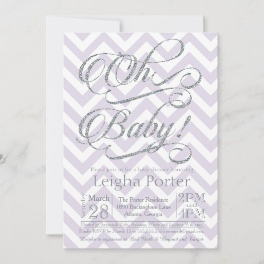 Glitter Baby shower Invitation Silver Paars lila Kaart (Voorkant)