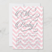 Glitter Baby shower Invitation Silver roze chevron Kaart (Voorkant)