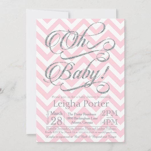 Glitter Baby shower Invitation Silver roze chevron Kaart (Voorkant)