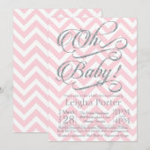 Glitter Baby shower Invitation Silver roze chevron Kaart (Voorkant / Achterkant)
