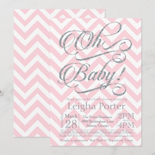 Glitter Baby shower Invitation Silver roze chevron Kaart (Voorkant / Achterkant)