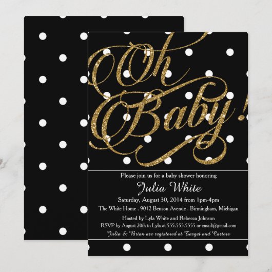 Glitter Baby shower Invitation, zwart-wit Kaart (Voorkant / Achterkant)