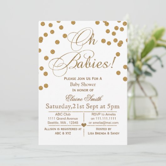 Glitter baby shower met witte en goudtweeling kaart (Staand voorkant)