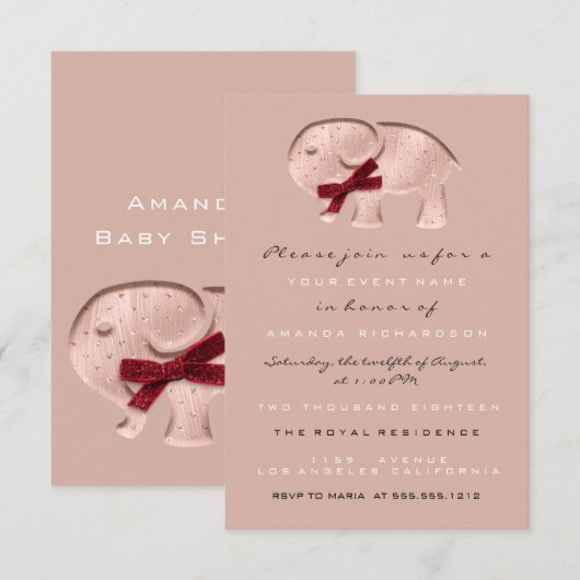 Glitter Baby shower Roos Moderne olifant Rood Kaart (Voorkant / Achterkant)