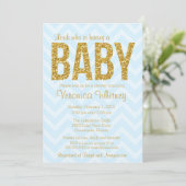 Glitter Baby shower Uitnodiging, Goudblauw Chevron Kaart (Staand voorkant)