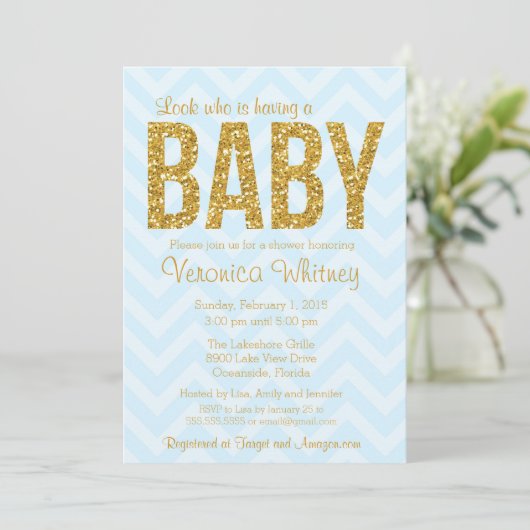 Glitter Baby shower Uitnodiging, Goudblauw Chevron Kaart (Staand voorkant)