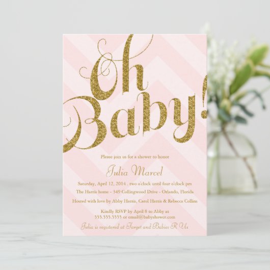 Glitter Baby shower Uitnodiging met roze Chevron (Staand voorkant)