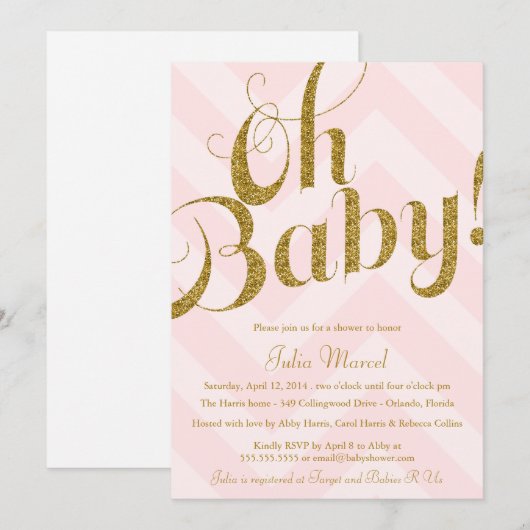 Glitter Baby shower Uitnodiging met roze Chevron (Voorkant / Achterkant)