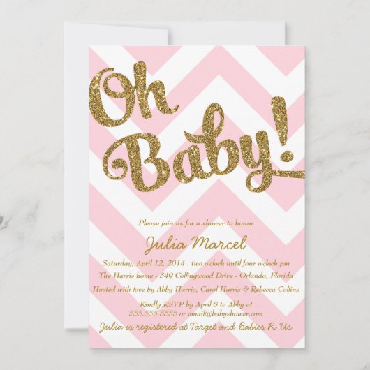 Glitter Baby shower Uitnodiging met Roze Chevron (Voorkant)