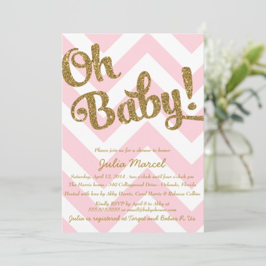 Glitter Baby shower Uitnodiging met Roze Chevron (Staand voorkant)
