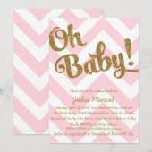 Glitter Baby shower Uitnodiging met Roze Chevron (Voorkant / Achterkant)