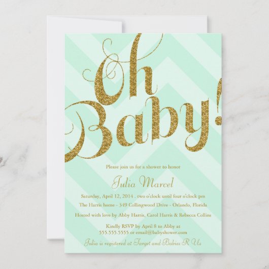 Glitter Baby shower Uitnodiging Mint Chevron (Voorkant)