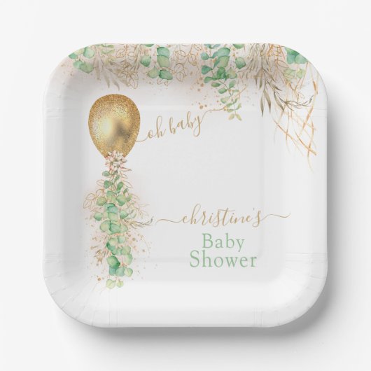 Glitter Baby shower voor goudballon Eucalyptus Papieren Bordje (Voorkant)
