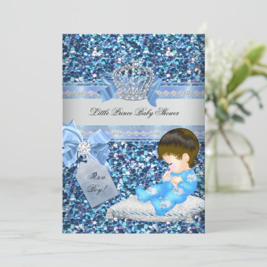 Glitter babyfeest voor jongen, blauwe kleine prins kaart (Staand voorkant)