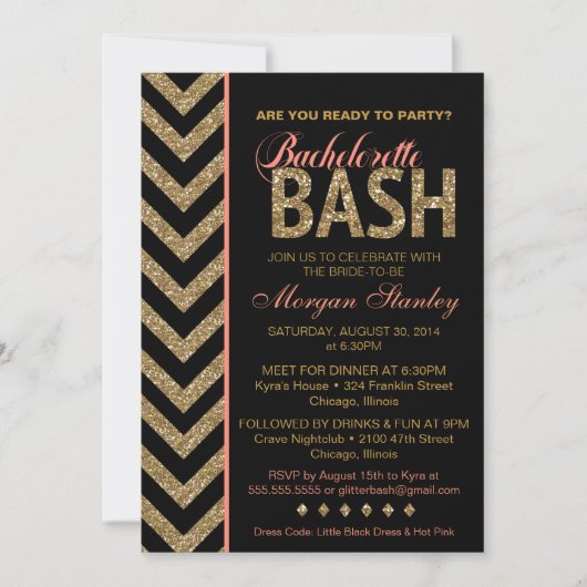 Glitter Bachelorette Bash Invitation Coral Kaart (Voorkant)