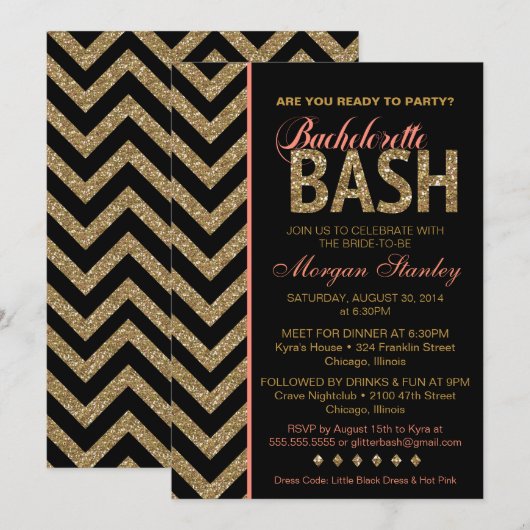 Glitter Bachelorette Bash Invitation Coral Kaart (Voorkant / Achterkant)