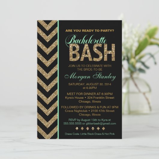 Glitter Bachelorette Bash Invitation MINT Kaart (Staand voorkant)