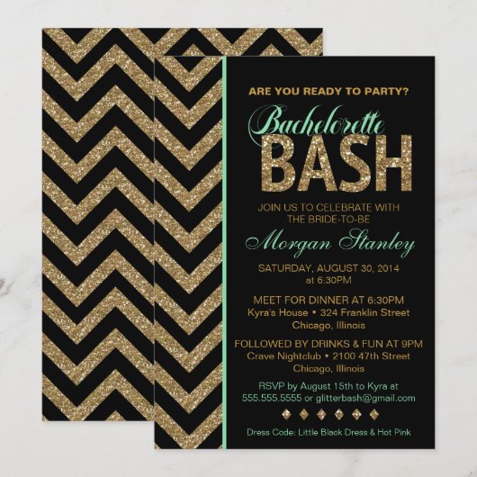 Glitter Bachelorette Bash Invitation MINT Kaart (Voorkant / Achterkant)