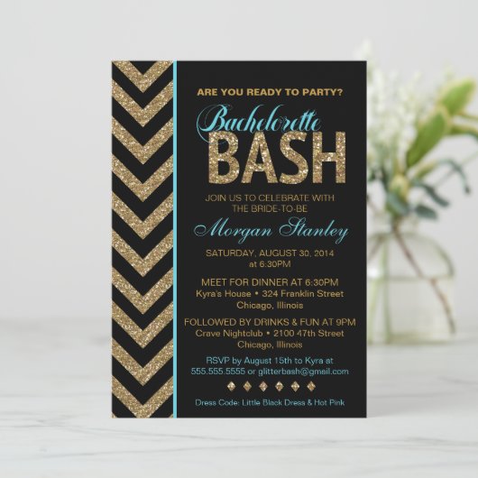 Glitter Bachelorette Bash Party Invitation BLUE Kaart (Staand voorkant)