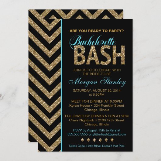 Glitter Bachelorette Bash Party Invitation BLUE Kaart (Voorkant / Achterkant)