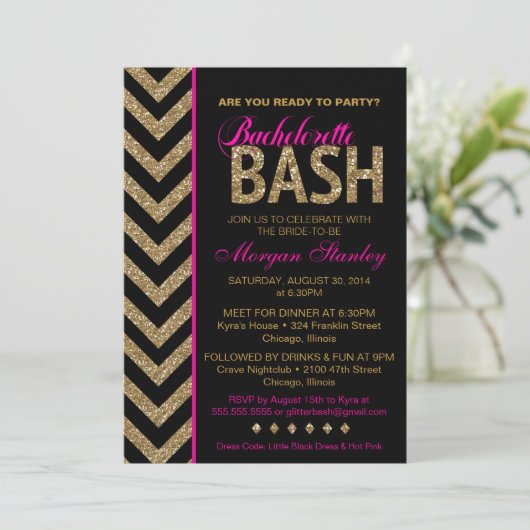 Glitter Bachelorette Bash Uitnodiging Roze (Staand voorkant)