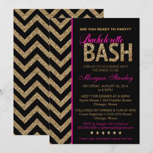 Glitter Bachelorette Bash Uitnodiging Roze (Voorkant / Achterkant)