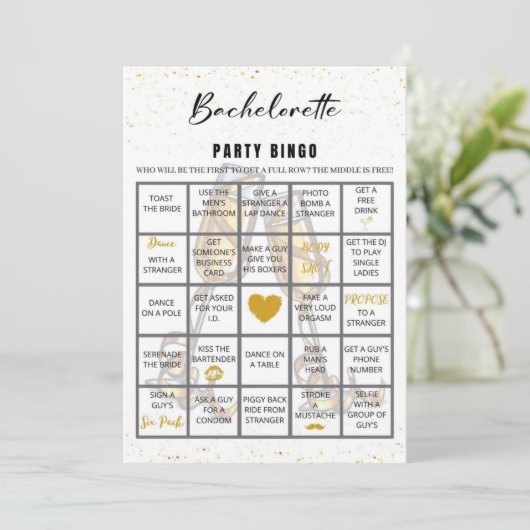 Glitter Bachelorette Bingo Party Game Challenge Kaart (Staand voorkant)