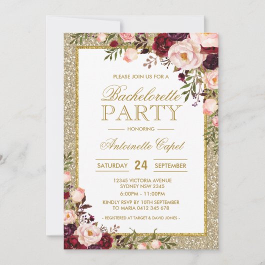 Glitter Bachelorette Party Burgundy Floral Invite Kaart (Voorkant)