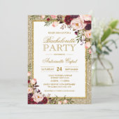 Glitter Bachelorette Party Burgundy Floral Invite Kaart (Staand voorkant)
