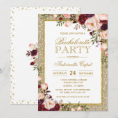 Glitter Bachelorette Party Burgundy Floral Invite Kaart (Voorkant / Achterkant)