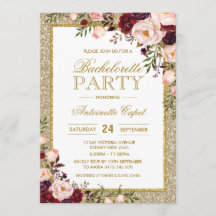 Glitter Bachelorette Party Burgundy Floral Invite