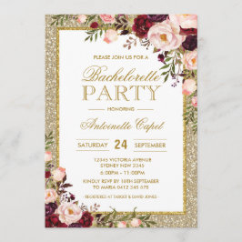 Glitter Bachelorette Party Burgundy Floral Invite Kaart