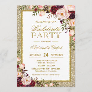 Glitter Bachelorette Party Burgundy Floral Invite Kaart