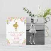 Glitter Ballerina Birthday Uitnodigingen met foto (Staand voorkant)