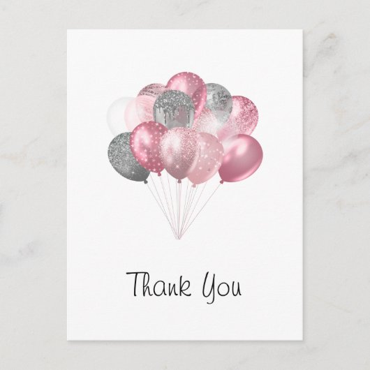 Glitter Ballon Bunch Roze en Zilver Bedankt Briefkaart (Voorkant)