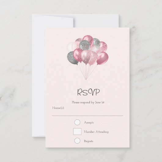 Glitter Ballon Bunch Roze en Zilver RSVP Kaartje (Voorkant)