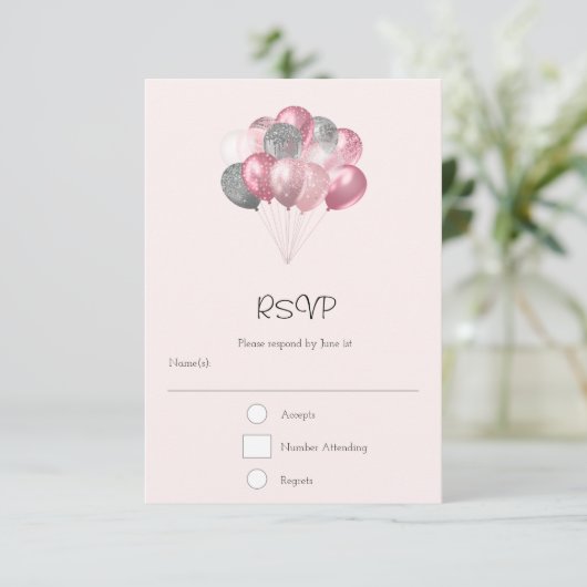 Glitter Ballon Bunch Roze en Zilver RSVP Kaartje (Staand voorkant)