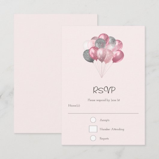 Glitter Ballon Bunch Roze en Zilver RSVP Kaartje (Voorkant / Achterkant)