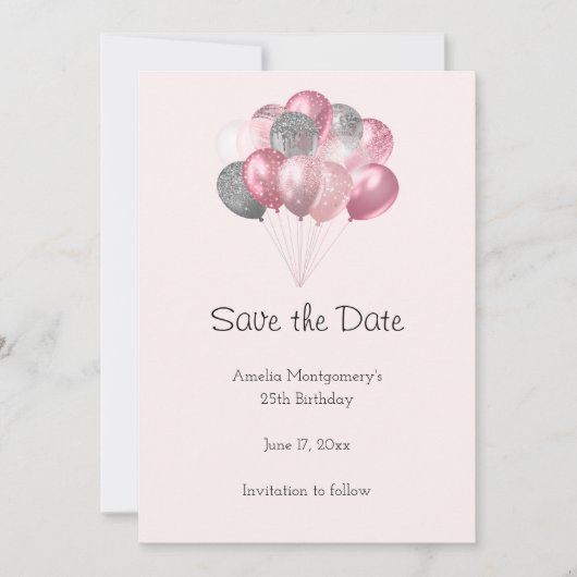 Glitter Ballon Bunch Roze en Zilver Save The Date (Voorkant)