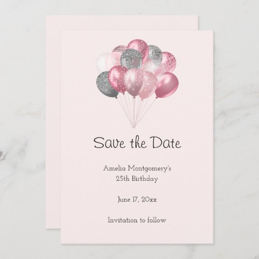 Glitter Ballon Bunch Roze en Zilver Save The Date (Voorkant / Achterkant)