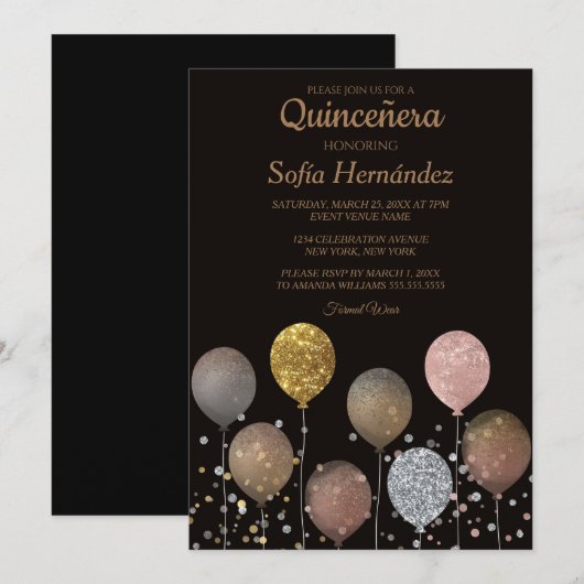 Glitter Ballon Quinceñera Kaart (Voorkant / Achterkant)