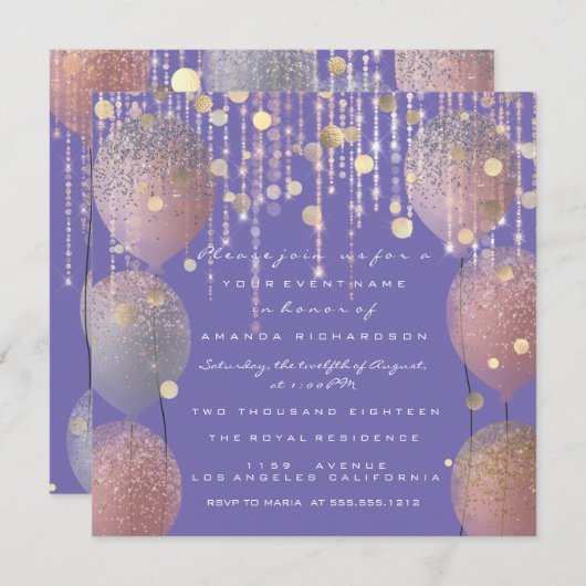 Glitter Ballon Roze Goud Bruids Sweet 16e Paars Kaart (Voorkant / Achterkant)